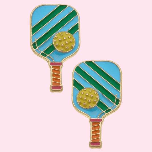 Ellie Pickleball Enamel Stud Earrings in Green & Blue